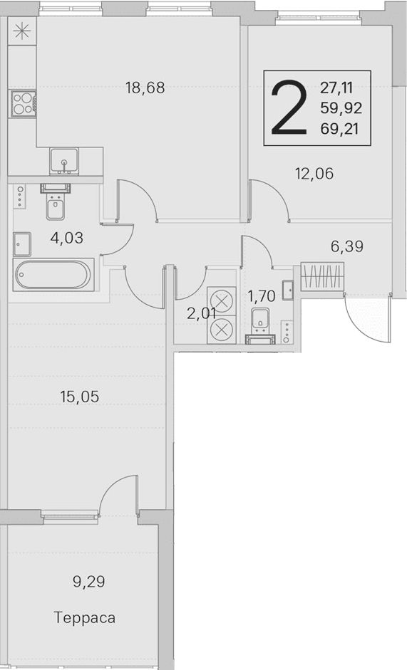 Планировка: Евротрёшка 59,9 м² в ЖК «Любоград в Стрельне»