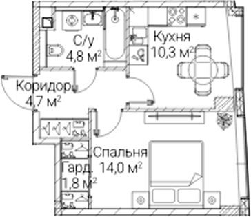 Планировка: 1-комнатная квартира 35,6 м² в ЖК «СЕЗАР БУДУЩЕЕ»