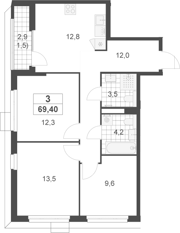 Планировка: 3-комнатная квартира 67,9 м² в ЖК «Скандинавия»
