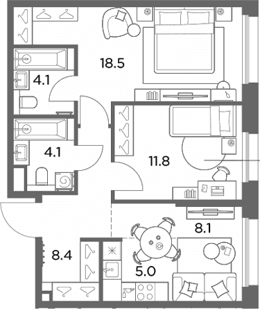 Планировка: Евротрёшка 60 м² в ЖК «Станиславский»