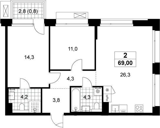 Планировка: Евротрёшка 68,2 м² в ЖК «Хольм»