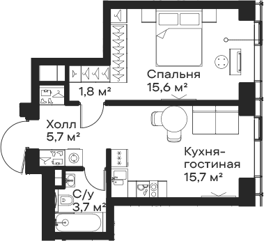 Планировка: Евродвушка 42,5 м² в ЖК «Сити Бэй»