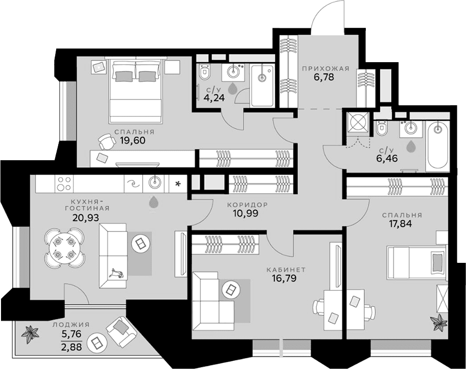 Планировка: Квартира евро-4 103,6 м² в ЖК «СберСити»