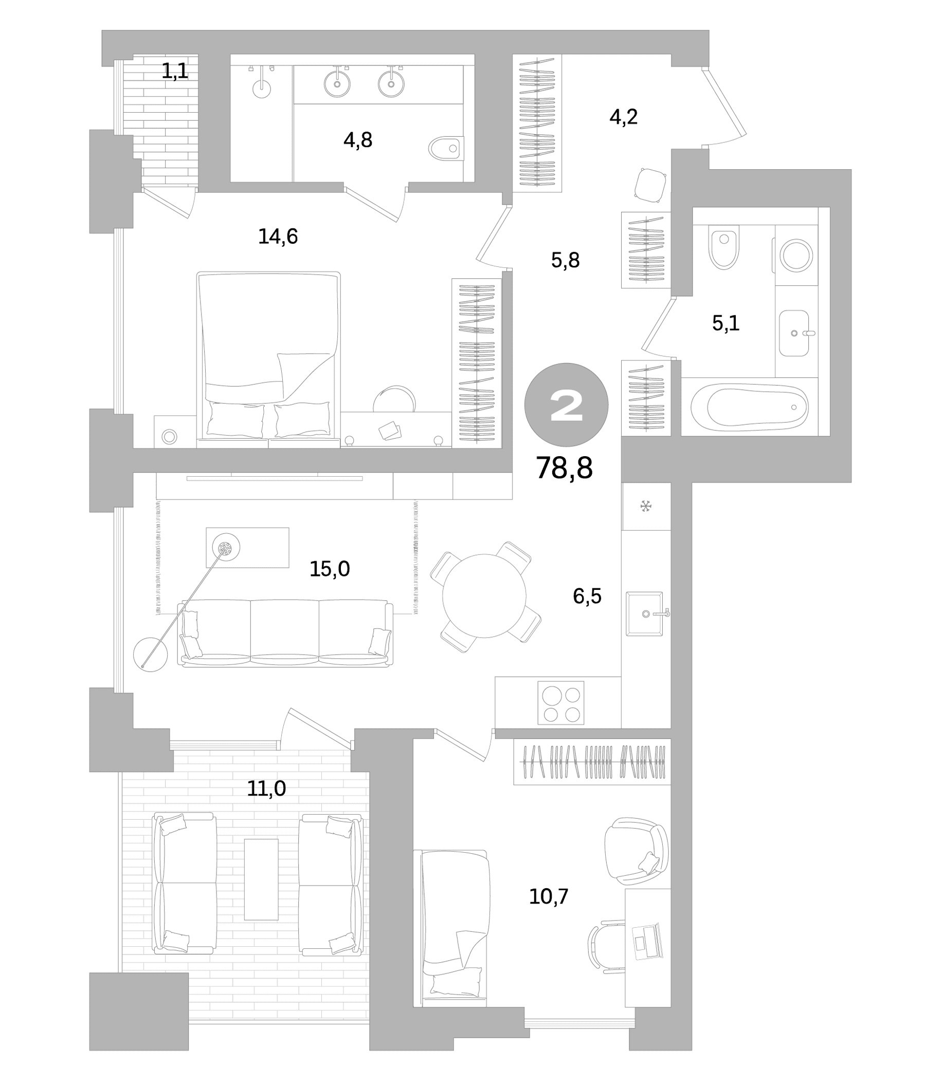 Планировка: Евротрёшка 66,7 м² в ЖК «Северный ветер»