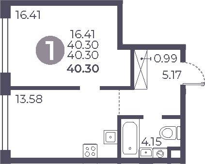 Планировка: 1-комнатная квартира 40,3 м² в ЖК «Мневники от Гранель»