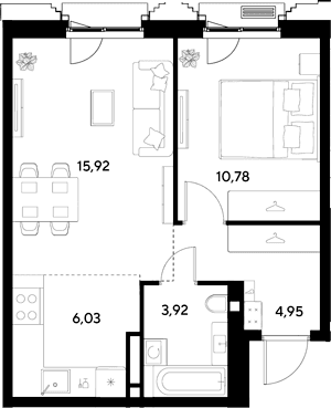 Планировка: Евродвушка 41,6 м² в ЖК «ЭВО»