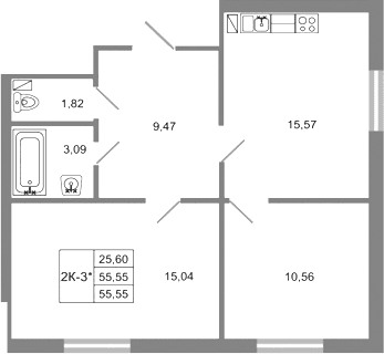 Планировка: Евротрёшка 55,6 м² в ЖК «Стороны света 2»