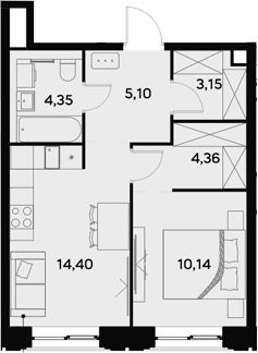 Планировка: 1-комнатная квартира 41,5 м² в ЖК «УЛЬТИМА Сити»