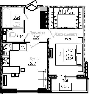 Планировка: 1-комнатная квартира 42,1 м² в ЖК «АРО»