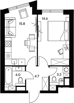 Планировка: 1-комнатная квартира 42,3 м² в ЖК «НЕКСУС от Аквилон»
