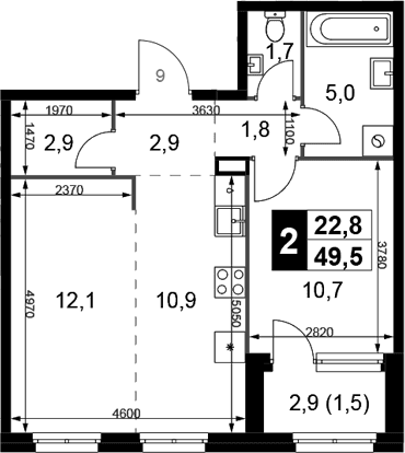 Планировка: Евродвушка 48 м² в ЖК «1-й Химкинский»