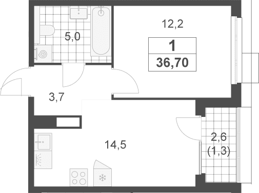 Планировка: 1-комнатная квартира 35,4 м² в ЖК «Скандинавия»