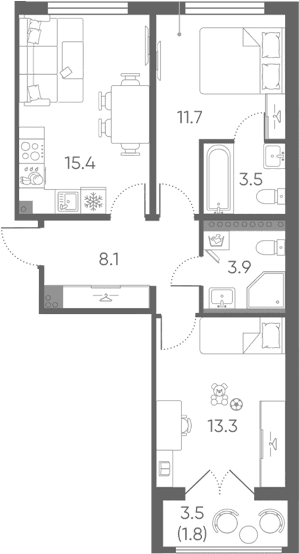Планировка: Евротрёшка 55,9 м² в ЖК «Пулково Лейк»