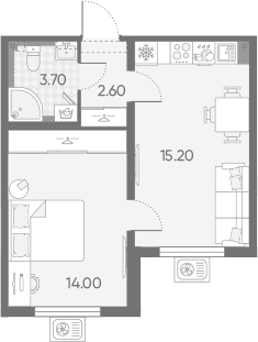 Планировка: Евродвушка 35,5 м² в ЖК «Зеркальный ручей»