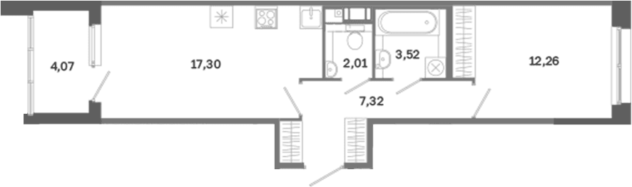 Планировка: Евродвушка 42,4 м² в ЖК «Дом на Курской»