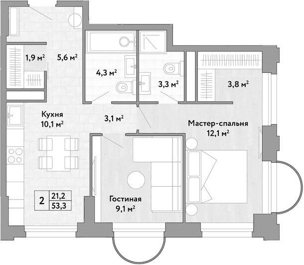 Планировка: 2-комнатная квартира 53,3 м² в ЖК «Новые Смыслы»