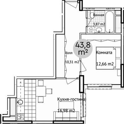 Планировка: Евродвушка 43,8 м² в ЖК «Адрес»