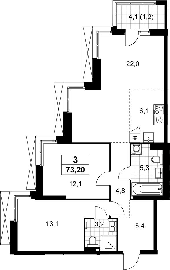 Планировка: Евротрёшка 72 м² в ЖК «Дзен-кварталы»