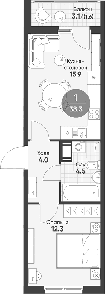 Планировка: Евродвушка 36,7 м² в ЖК «Клюква.Парк»