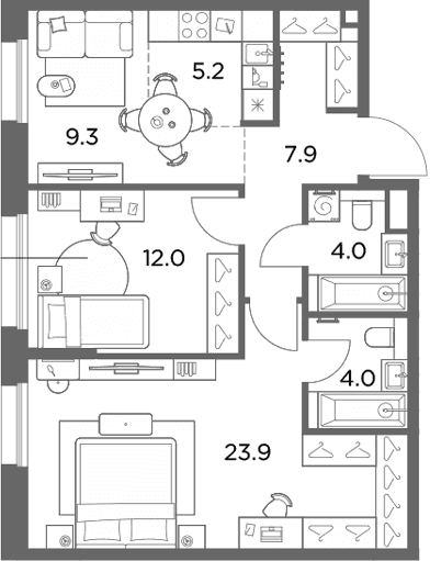 Планировка: Евротрёшка 66,3 м² в ЖК «Станиславский»