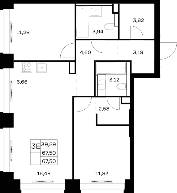 Планировка: Евротрёшка 67,5 м² в ЖК «НОВА»