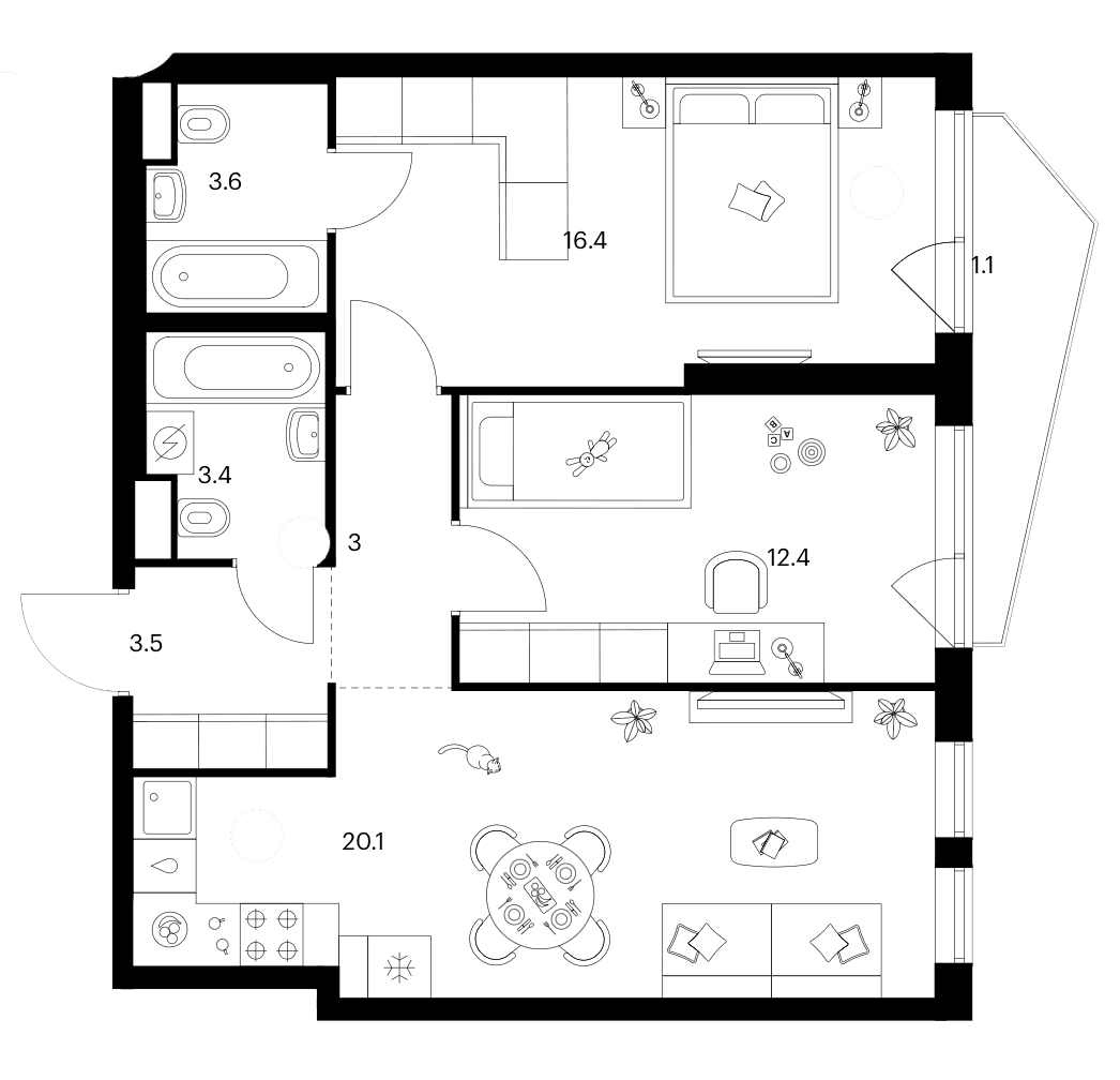 Планировка: 2-комнатная квартира 62,4 м² в ЖК «Строгино 360»