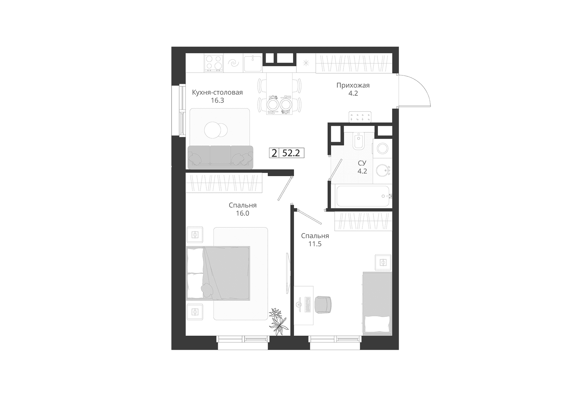 Планировка: Евротрёшка 52,2 м² в ЖК «ГРЭЙ»