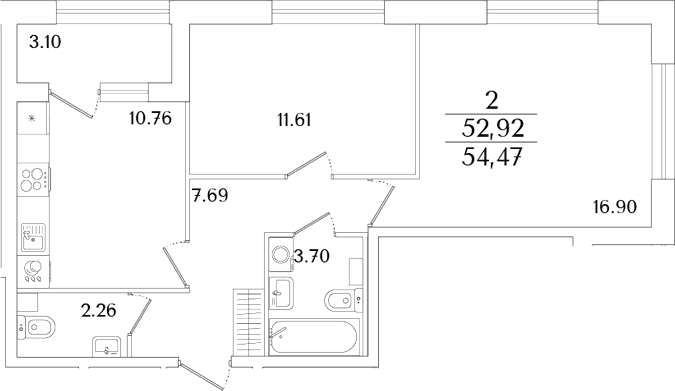 Планировка: 2-комнатная квартира 52,9 м² в ЖК «Аурум»