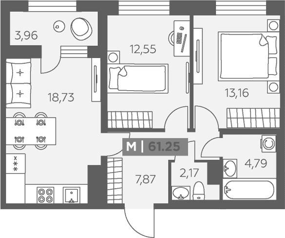 Планировка: Евротрёшка 59,3 м² в ЖК «Аквилон Солар»