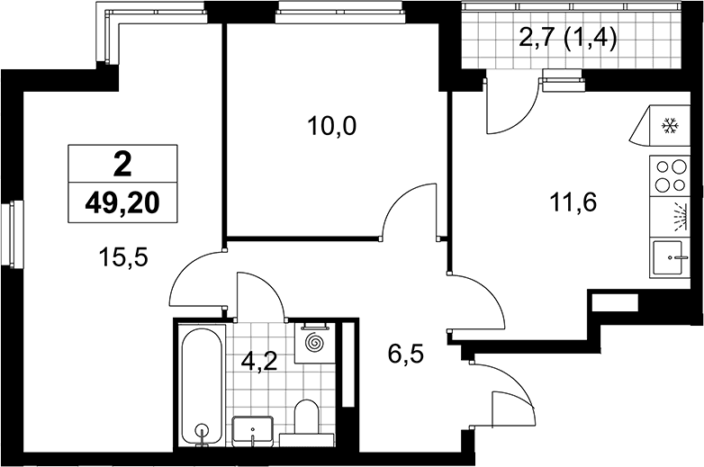 Планировка: 2-комнатная квартира 47,8 м² в ЖК «Деснаречье»