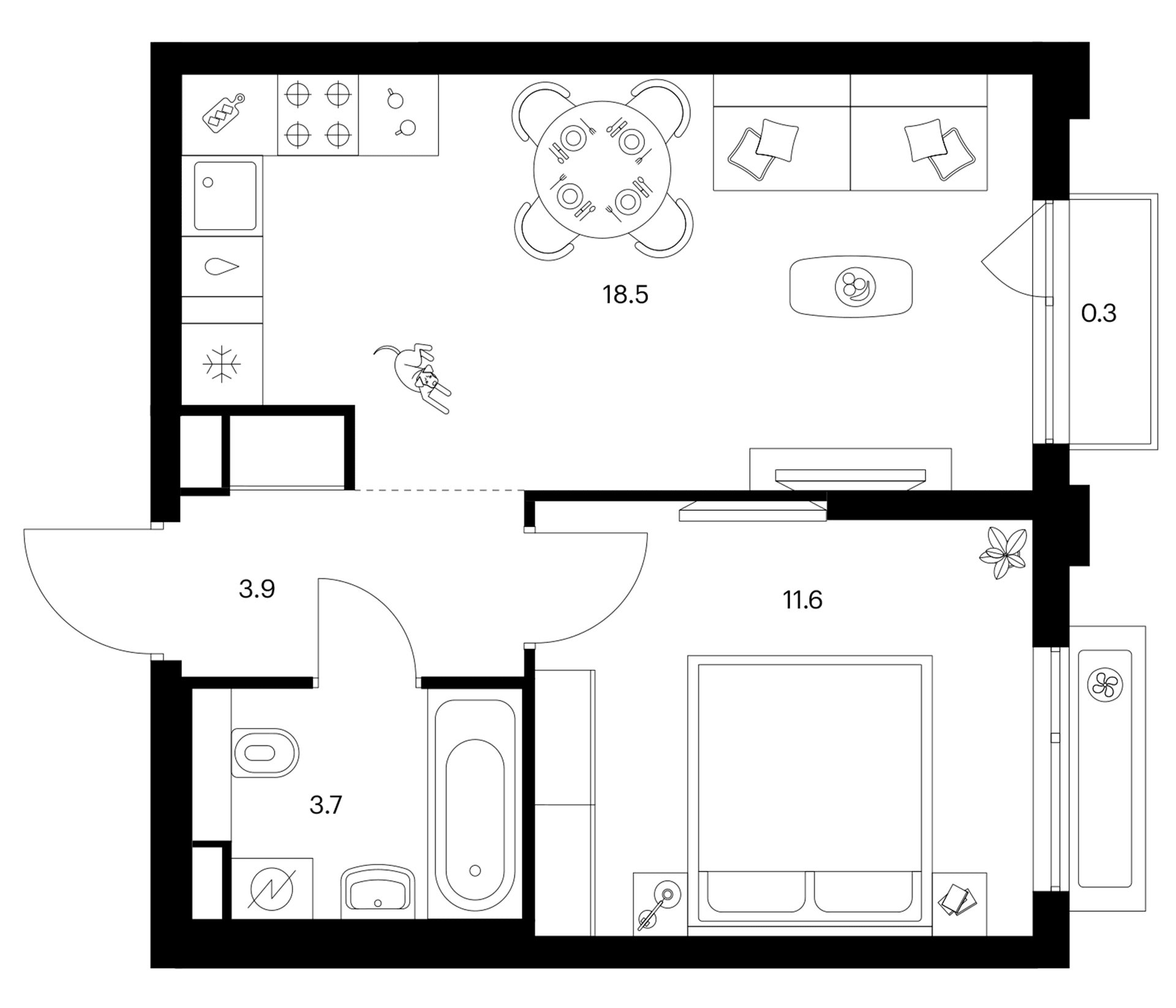 Планировка: 1-комнатная квартира 37,7 м² в ЖК «Белая Дача парк»