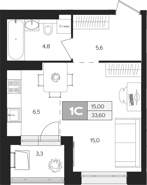 Планировка: Студия 32 м² в ЖК «Ласточкино»