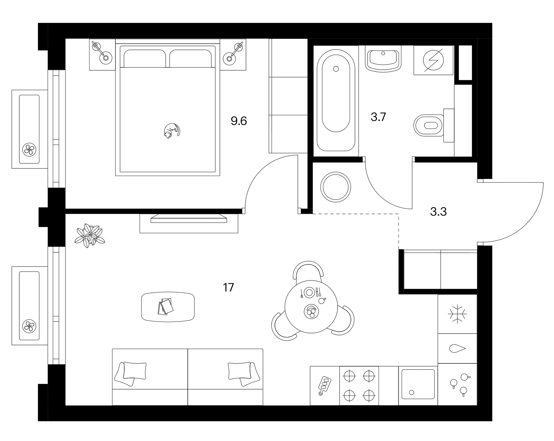 Планировка: 1-комнатная квартира 33,6 м² в ЖК «Белая Дача парк»
