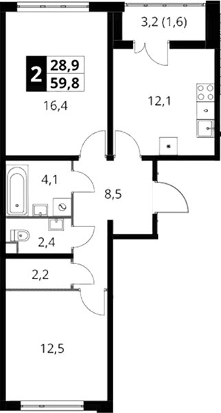 Планировка: 2-комнатная квартира 58,2 м² в ЖК «Южная Битца»
