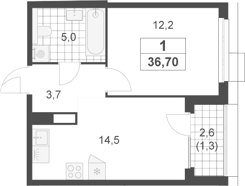 Планировка: 1-комнатная квартира 35,4 м² в ЖК «Скандинавия»