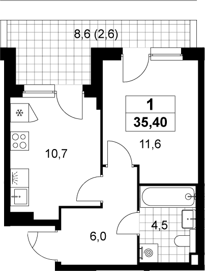 Планировка: 1-комнатная квартира 32,8 м² в ЖК «Деснаречье»