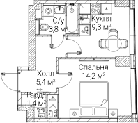 Планировка: 1-комнатная квартира 34,1 м² в ЖК «СЕЗАР БУДУЩЕЕ»