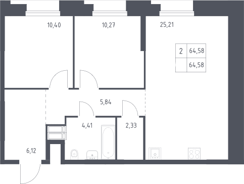 Планировка: Евротрёшка 64,6 м² в ЖК «Тропарево Парк»
