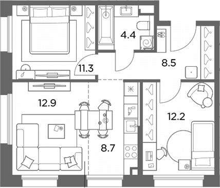 Планировка: Евротрёшка 58 м² в ЖК «Станиславский»