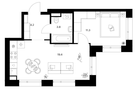Планировка: 1-комнатная квартира 38,7 м² в ЖК «Москворечье»