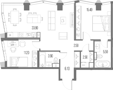 Планировка: 2-комнатная квартира 80,9 м² в ЖК «Северный Порт»