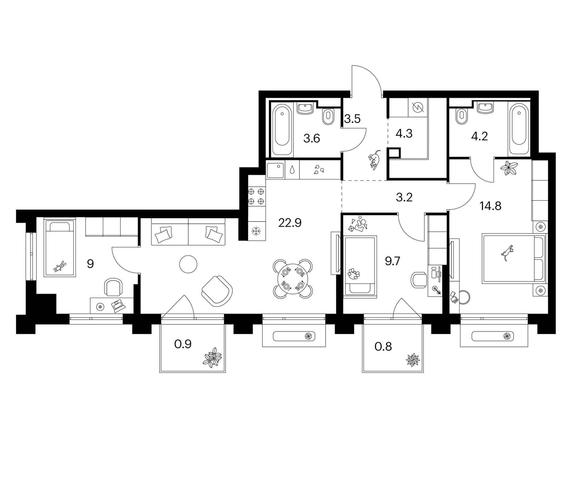 Планировка: 3-комнатная квартира 75,2 м² в ЖК «Зеленый парк»
