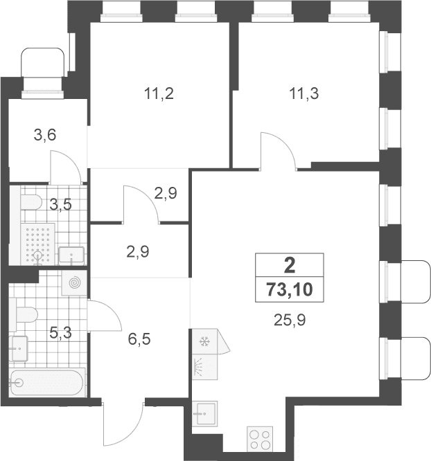 Планировка: Евротрёшка 73,1 м² в ЖК «Деснаречье»