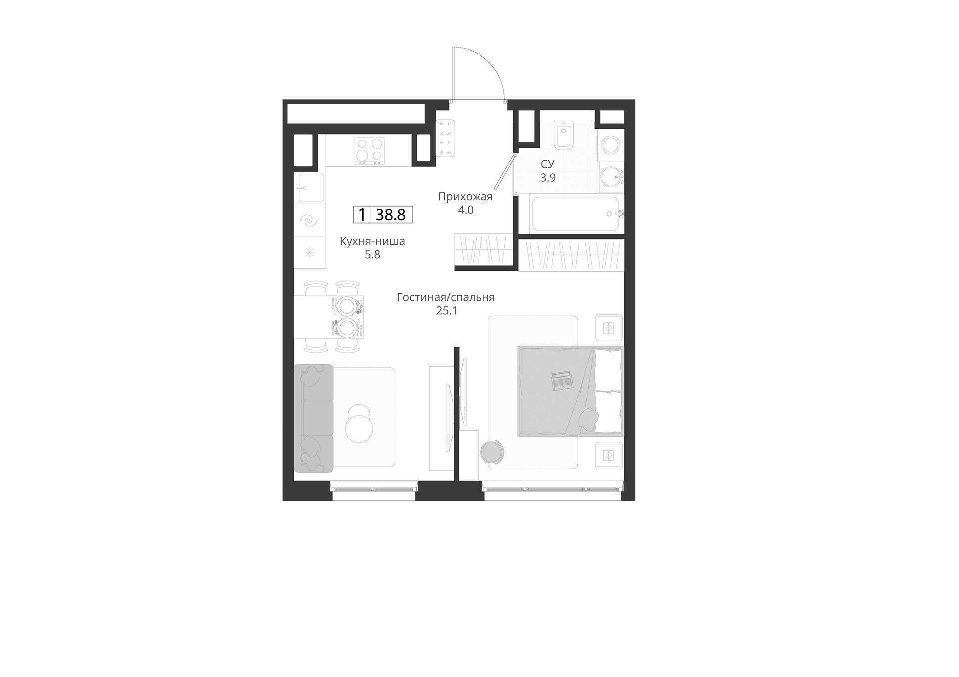 Планировка: Студия 38,8 м² в ЖК «ГРЭЙ»