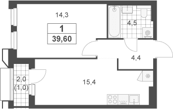 Планировка: Евродвушка 38,6 м² в ЖК «Южные сады»