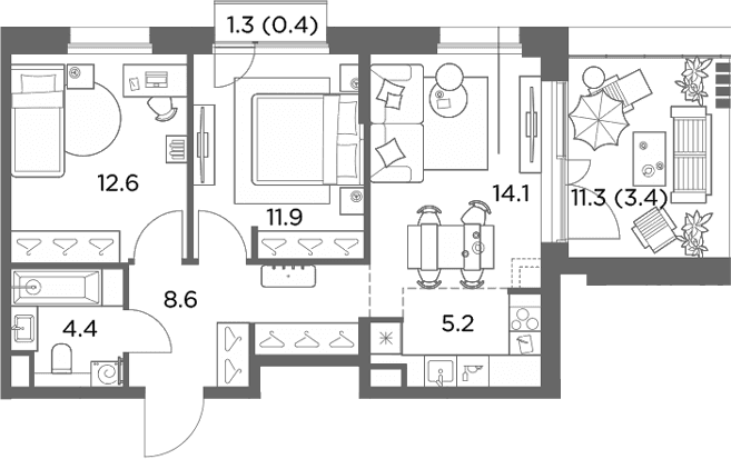 Планировка: Евротрёшка 56,8 м² в ЖК «Станиславский»