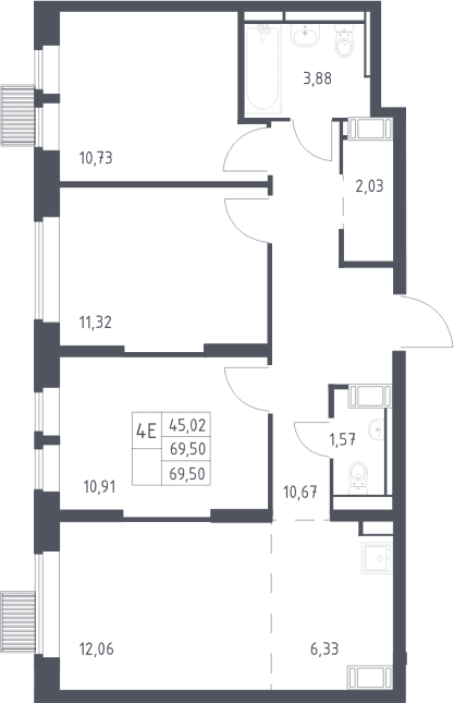 Планировка: Квартира евро-4 69,5 м² в ЖК «Большое Путилково»