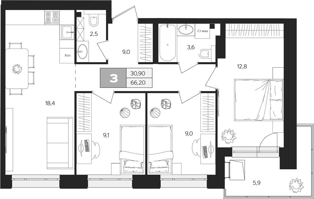 Планировка: 3-комнатная квартира 64,4 м² в ЖК «Ласточкино»