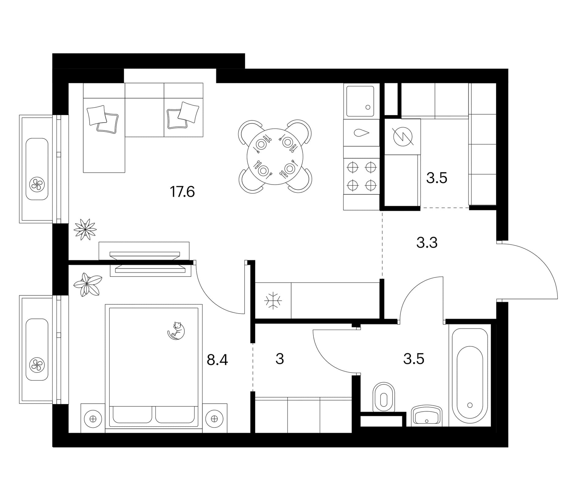 Планировка: 1-комнатная квартира 39,3 м² в ЖК «Зеленый парк»