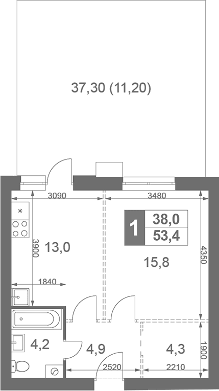 Планировка: 1-комнатная квартира 42,2 м² в ЖК «Дубровицы Клаб»